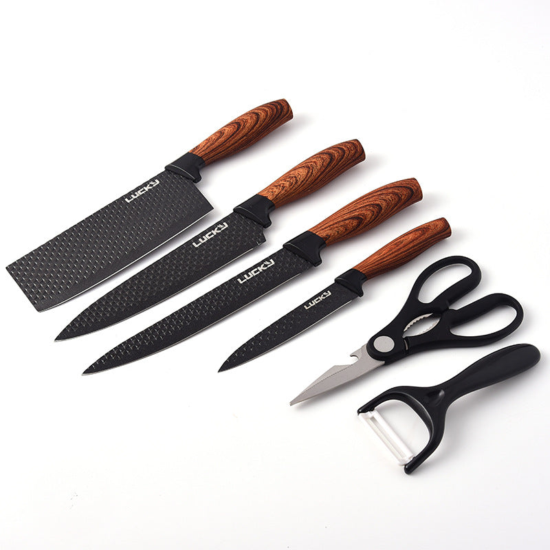 Six-Piece Set Of Stainless Steel Knives With Wooden Handle